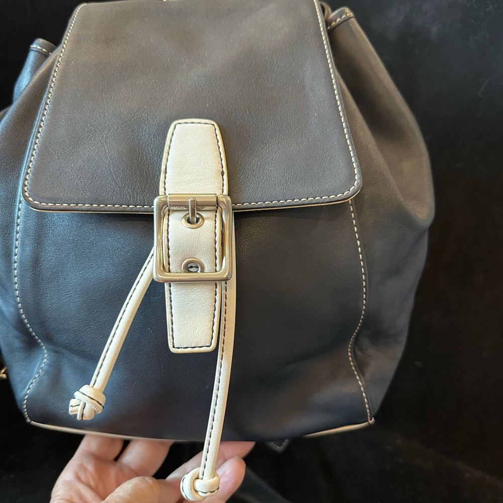 Coach Leather Drawstring Backpack with Contrast Trim - Navy  & Cream - Picture 11 of 16